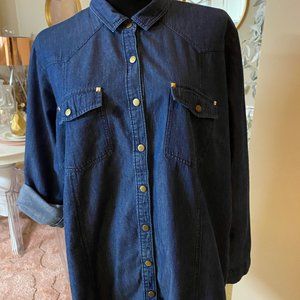 Fashion Web  Dark Denim Long Sleeve Button Down Shirt With Gold Accents Sz 1X